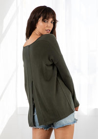 Pullover Sweater Long Ribbed Sleeves V-Neck Mid Back Slit to Hem Super Soft Unlined/ Not Sheer Color: Dark Olive