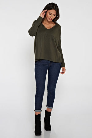 Pullover Sweater Long Ribbed Sleeves V-Neck Mid Back Slit to Hem Super Soft Unlined/ Not Sheer Color:  Dark Olive