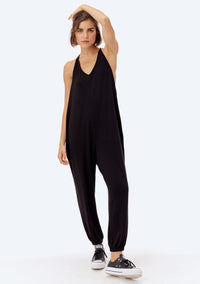 Black Racerback French Terry Jumpsuit with Spaghetti Straps with Tie Back Detail at Neckline