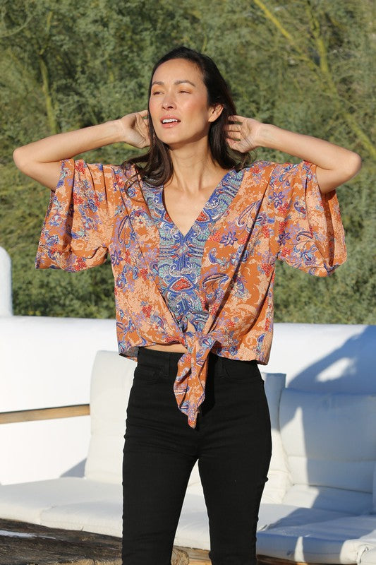 TIE-FRONT TOP (RUST FLORAL PRINT) WITH KIMONO STYLE SLEEVES
