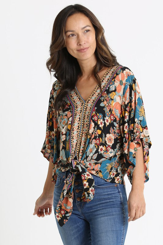TIE-FRONT TOP (BLACK FLORAL PRINT) WITH KIMONO STYLE SLEEVES
