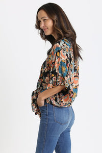 TIE-FRONT TOP (BLACK FLORAL PRINT) WITH KIMONO STYLE SLEEVES