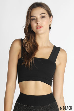 Seamless Knit Tank Square Neckline Crop Top Style Wide Tank Straps in Black
