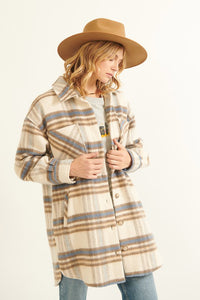 LONG POCKETED PLAID SHACKET (CREAM)