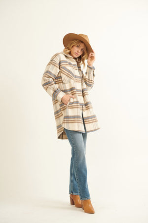 LONG POCKETED PLAID SHACKET (CREAM)