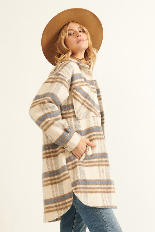 LONG POCKETED PLAID SHACKET (CREAM)