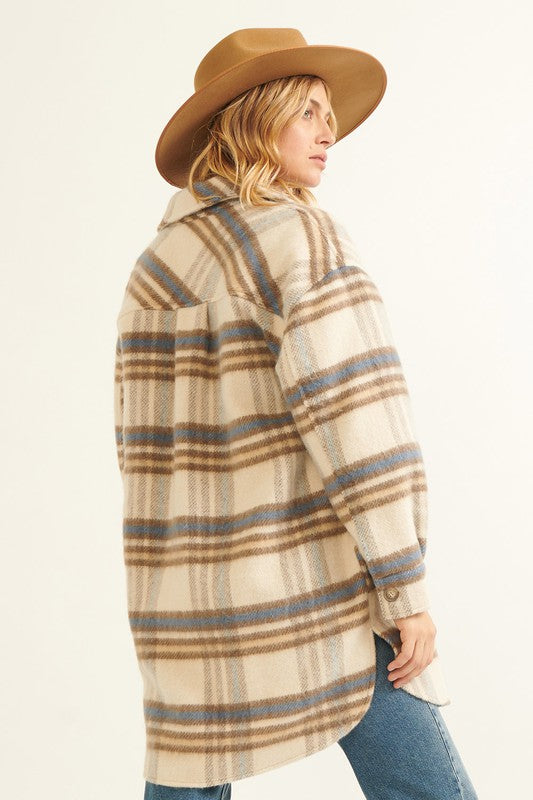 LONG POCKETED PLAID SHACKET (CREAM)