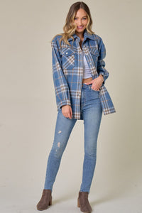 PLAID BRUSHED FLANNEL SHACKET (BLUE) with functional side pockets