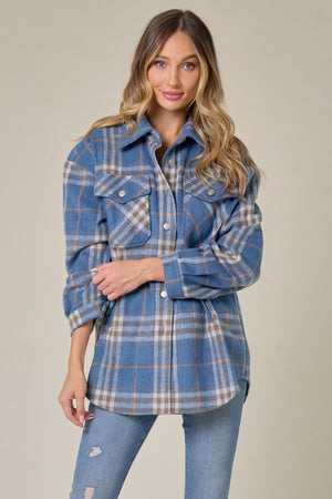 PLAID BRUSHED FLANNEL SHACKET (BLUE) with functional side pockets