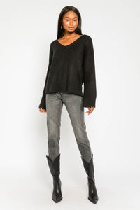 Cozy Ribbed Pullover V-Neck Sweater with Slight Bell Sleeve Shape Relaxed Fit