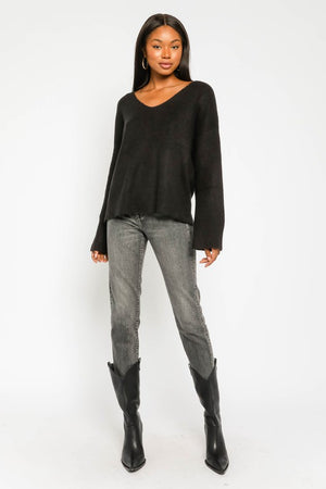 Cozy Ribbed Pullover V-Neck Sweater with Slight Bell Sleeve Shape Relaxed Fit