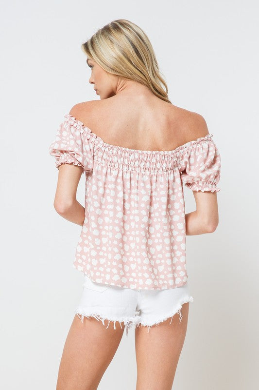 PINK AND CREAM GRAPHIC PRINT OFF-THE-SHOULDER TOP 