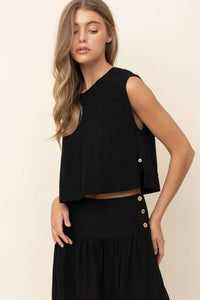 LINEN BLEND MAXI SLEEVELESS CROP TOP IN BLACK WITH SIDE SPLIT AND BUTTON CLOSURES ON BOTH SIDES.  BUTTON CLOSURE AT NECKLINE