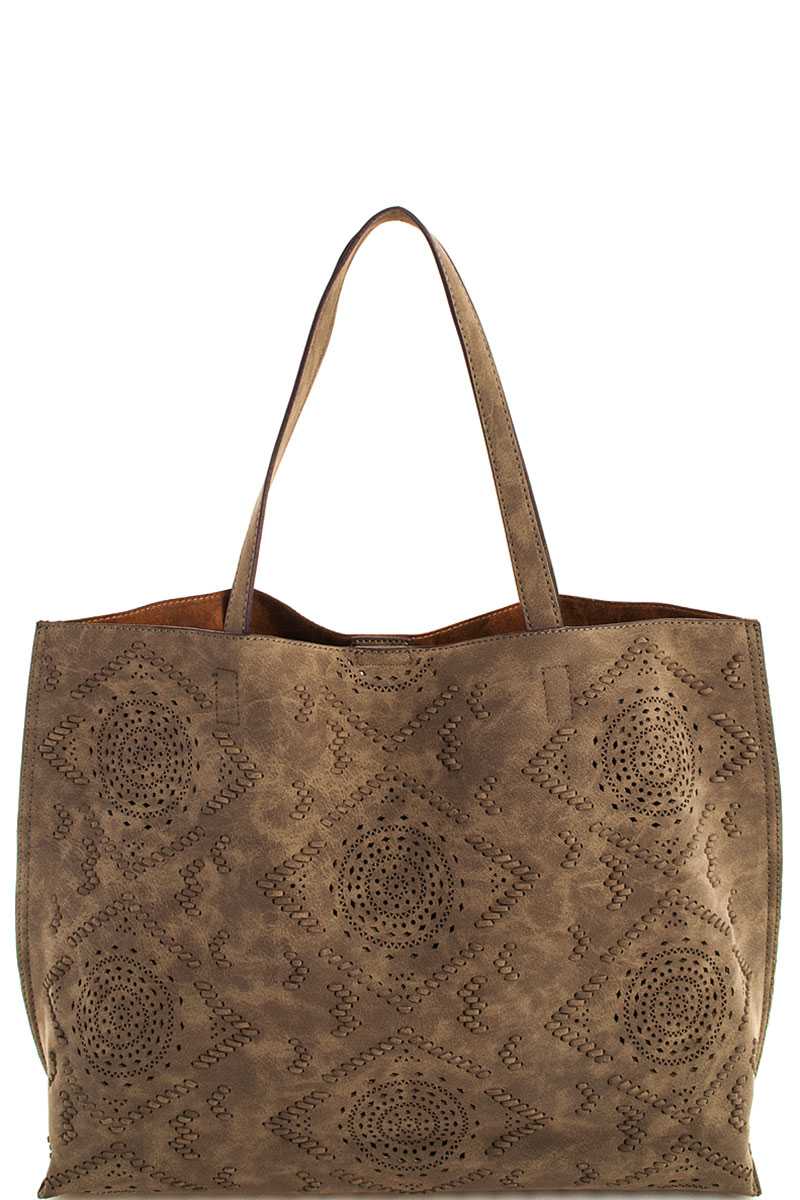 Ladies Vegan Leather Tote with etched design color olive. By Street Level