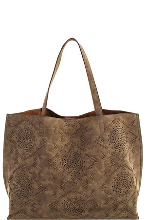 Ladies Vegan Leather Tote with etched design color olive. By Street Level