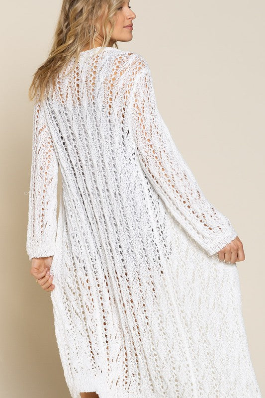 Open Front Crochet Cardigan Open Weave Long Sleeves Midi-Length Slightly Longer in Front Relaxed Fit Lightweight Color:  White