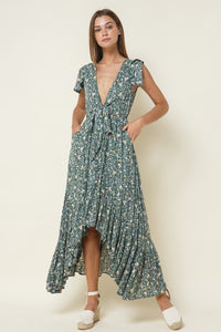 FLORAL MIDI-MAXI DRESS in sage floral print with front tie at bodice