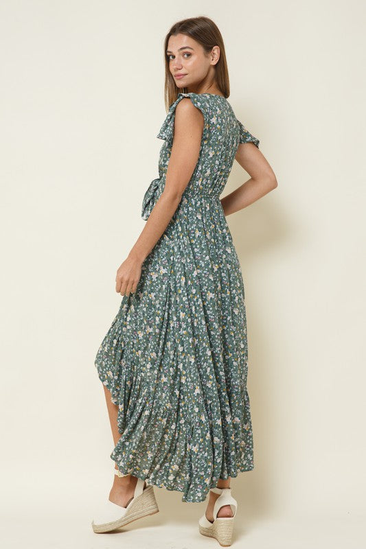 FLORAL MIDI-MAXI DRESS in sage floral print with front tie at bodice