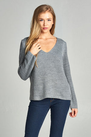 V-NECK ribbed Knit SWEATER in heather gray