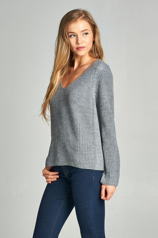 V-NECK ribbed Knit SWEATER in heather gray
