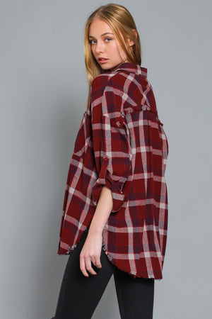 PLAID BUTTON-DOWN SHIRT (BURGUNDY/CREAM) with roll up sleeves