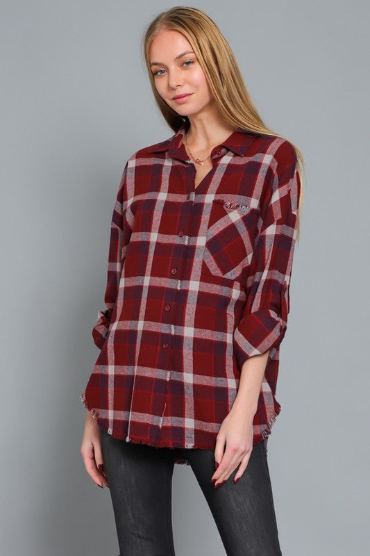PLAID BUTTON-DOWN SHIRT (BURGUNDY/CREAM) with roll up sleeves