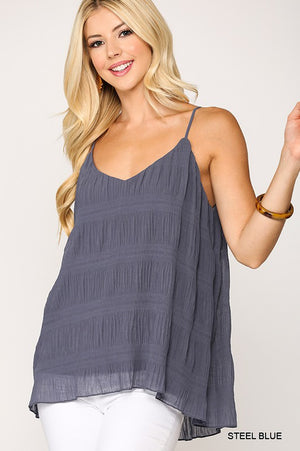 TEXTURED CAMI TANK TOP in Steel blue with adjustable spaghetti straps