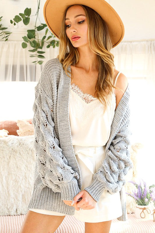 OPEN FRONT CARDIGAN WITH POM SLEEVES (GRAY)