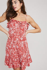 Spaghetti strap mini dress with adjustable straps and ruffle at bodice and hem by Wishlist