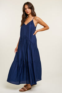 STRAPPY TIERED MAXI DRESS (NAVY) with tie at back