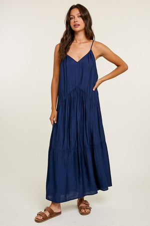 STRAPPY TIERED MAXI DRESS (NAVY) with tie at back