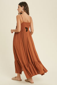 SMOCKED BUTTON-UP MAXI DRESS WITH OPEN BACK DETAIL