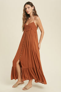SMOCKED BUTTON-UP MAXI DRESS WITH OPEN BACK DETAIL