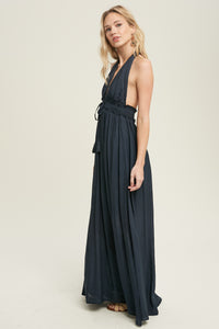 Navy HALTER NECK LINED MAXI DRESS WITH SIDE SLITS