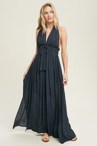 Navy HALTER NECK LINED MAXI DRESS WITH SIDE SLITS