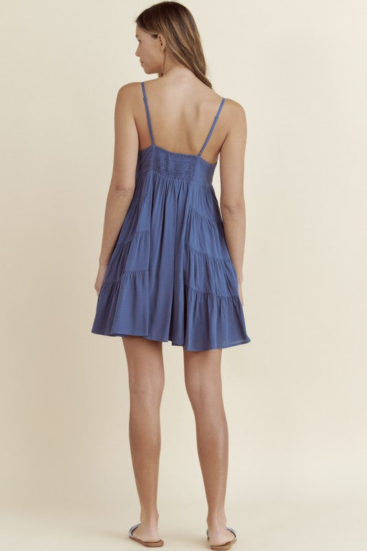 SLEEVELESS TIERED MINI DRESS IN NAVY WITH SMOCKED BACK AND ADJUSTABLE STRAPS, FULLY LINED
