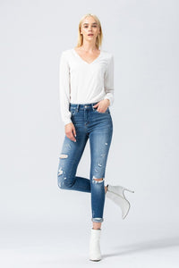 MID RISE ROLL UP DISTRESSED CROP SKINNY (MED WASH)