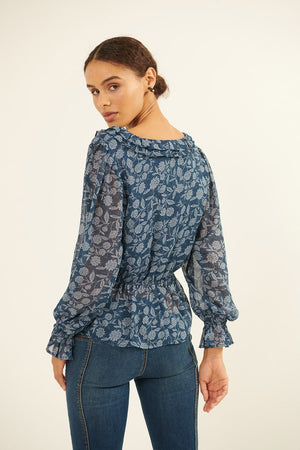 RUFFLED SURPLICE PEPLUM BLOUSE in a navy floral print