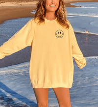choose happy sweatshirt Crew Neckline and Long Sleeves, Smiley Face on Left Side of Chest, Choose Happy Script on Full Back, Banded at Wrist