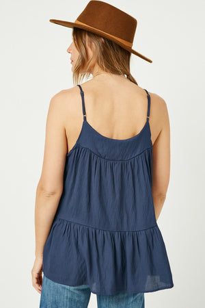 Tiered Cami Top Adjustable Spaghetti Straps Peplum Hemline Unlined, Not Sheer Color:  Navy