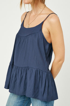 Tiered Cami Top Adjustable Spaghetti Straps Peplum Hemline Unlined, Not Sheer Color:  Navy