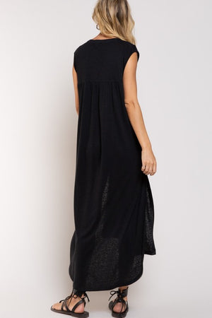 Deep Charcoal Color Linen Blend Maxi Cover Up with high side slits, deep v-neck and short sleeves
